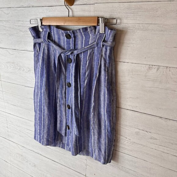 H&M Skirt Size Large Blue & White Linen Blend Striped Faux Buttons Belted Mini - Picture 4 of 16